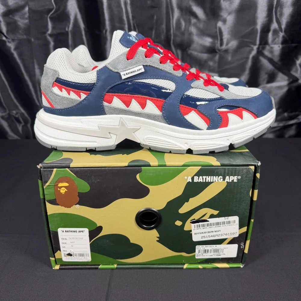 A Bathing Ape Shark Sta France Navy Red White Sneakers 1K20191302 Mens Size 12